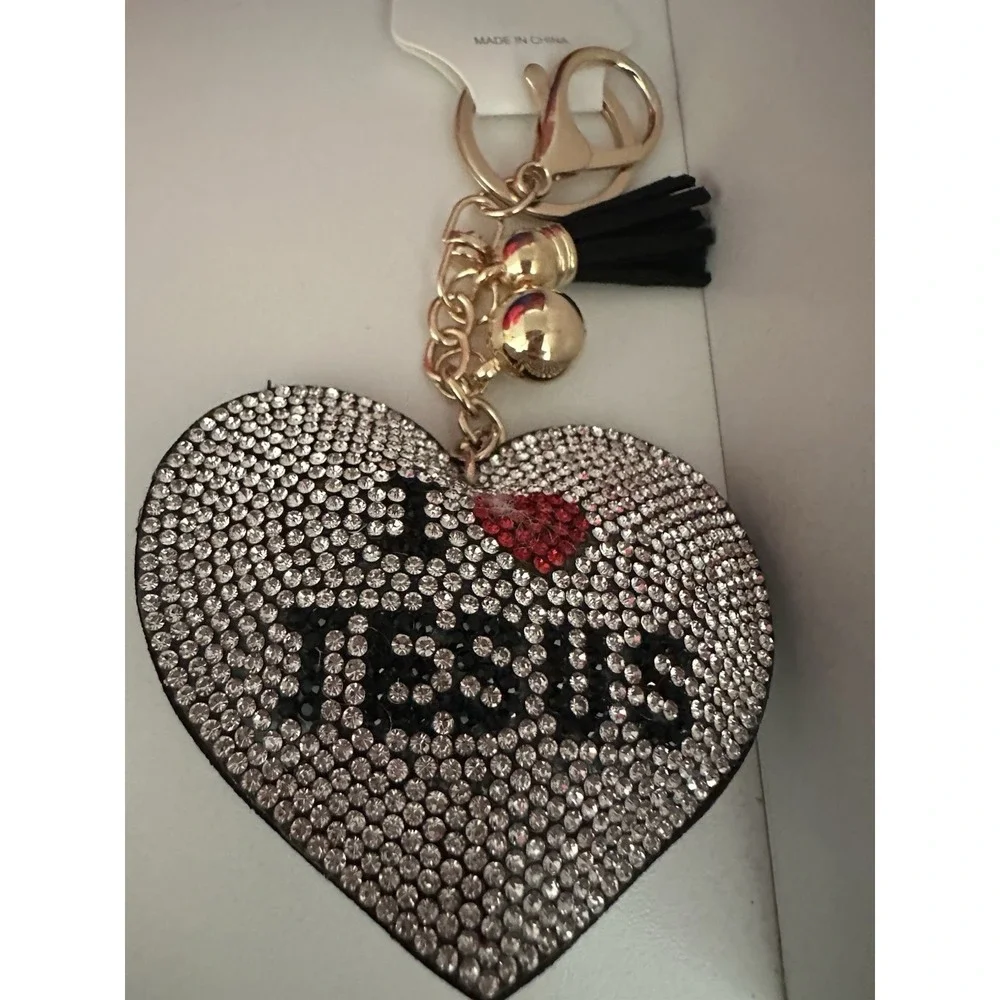 Dog Paw Keychain Crystal Rhinestone Faux Leather Tassel Felt Back - Orange